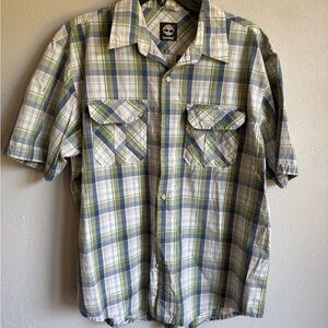 Men’s L Green Plaid Timberland Short Sleeve Casual Button Up Shirt